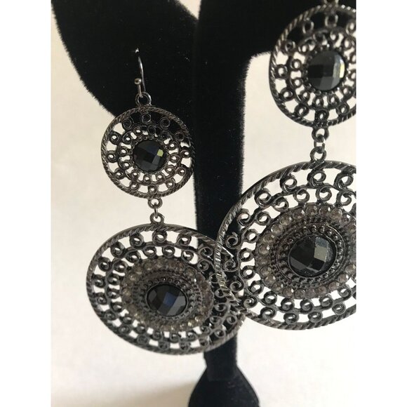Vintage Double Black Filigree Circle Pierced Wire Dangle Earrings Black Cabochon - Picture 4 of 8